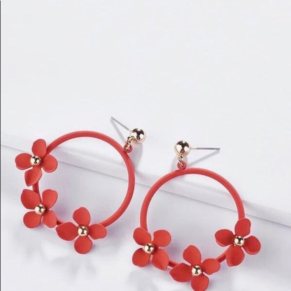 Worn Once! Anthropologie red flower hoop earrings